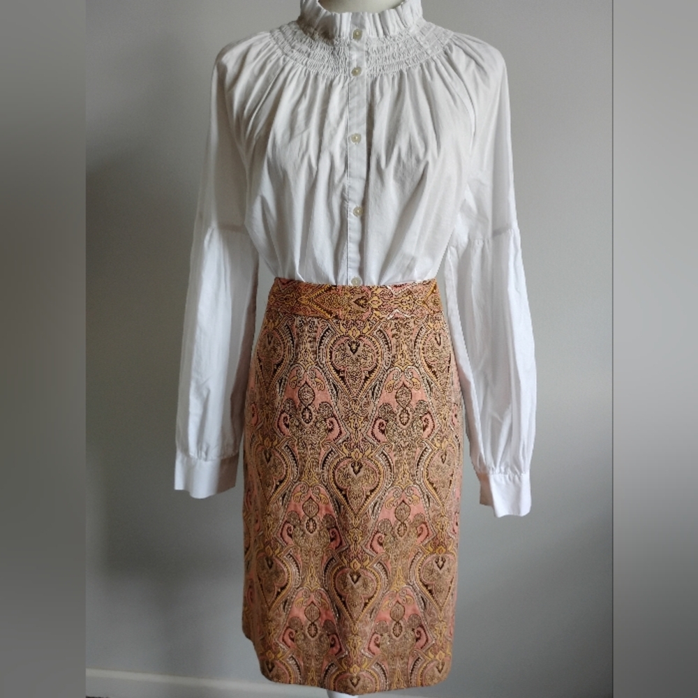 Talbots Cotton Silk Tapestry Brocade Pencil Skirt Pastel Pink Metallic Size 14P - Picture 4 of 16